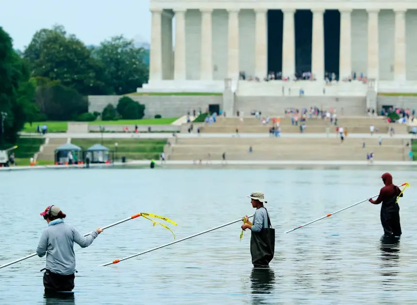 Blue paint seen chipping off in Lincoln Memorial Reflecting Pool after algae turns it green